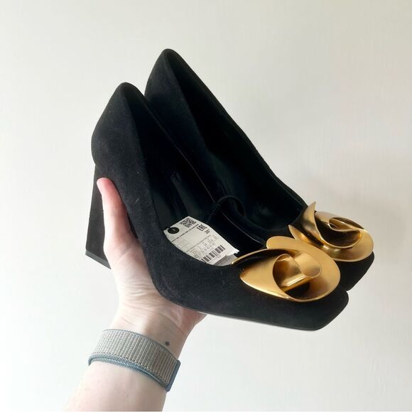 NWT Zara Gold Flower Suede Black Block Heels - Picture 7 of 13